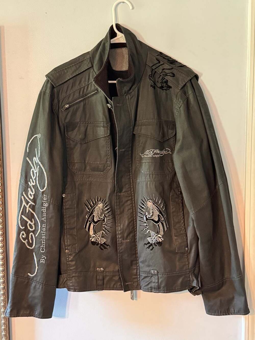 Y2K Ed Hardy Utility Jacket • Tattoo Core Streetwear • McBling Moto Jacket • Gru